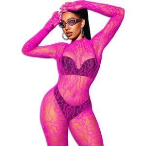 🆕Women Pink Sexy Fishnet Full Mesh Jumpsuit Body Stockings Halloween Costume
